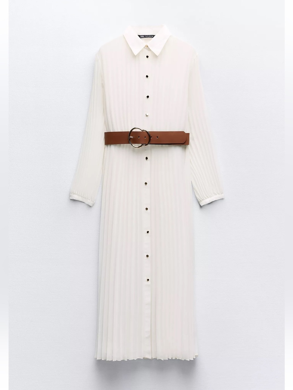 Pleated Button-Front Long Sleeve Midi Dress with Brown Belt - White
